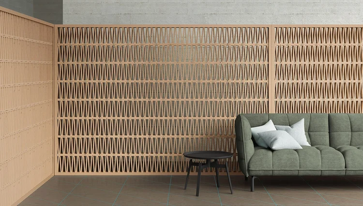 Wand mit Gitterfliesen der Serie Celosia von Mutina